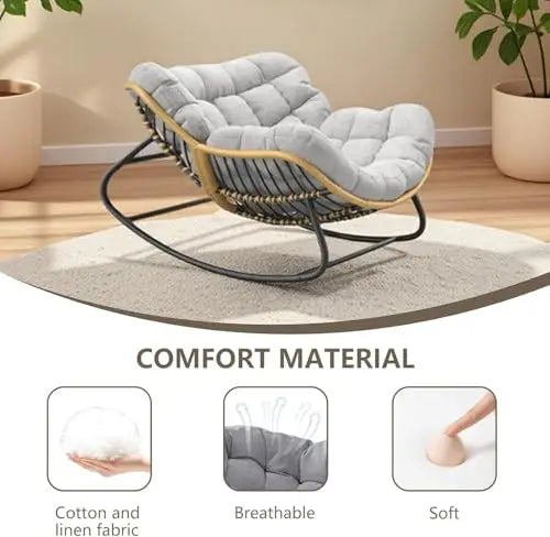 Papasan Rocking Chair with Comfy Thick Cushion, Oversized Outdoor Rocking Chair with Steel Frame, Wicker Rattan Lounge by PurelyhomeDeco