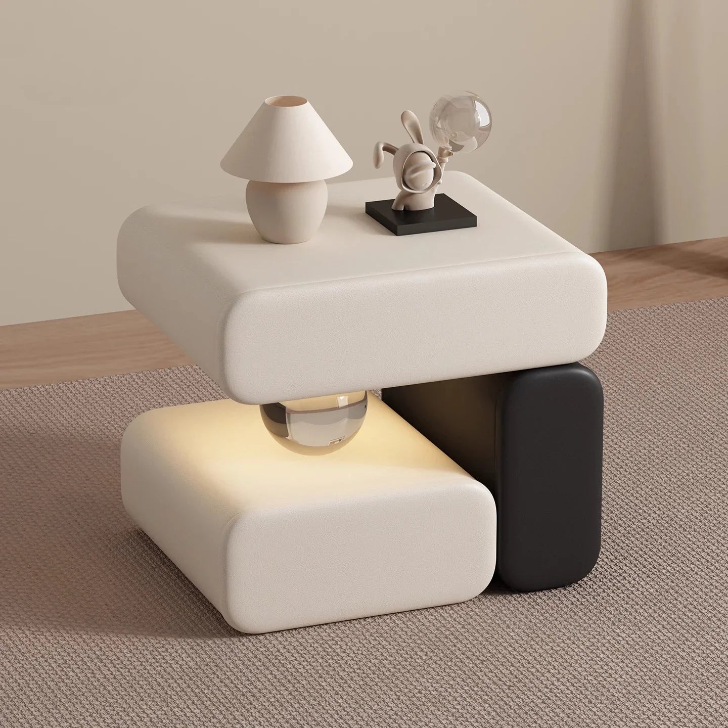 Modern side table with a lamp and decorative items on a neutral background