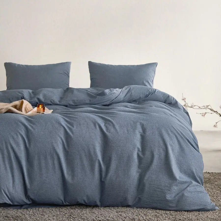 OceanWeave Breathable Percale Cotton Duvet Cover Set – Chambray Denim Blue, Queen Size by PurelyhomeDeco