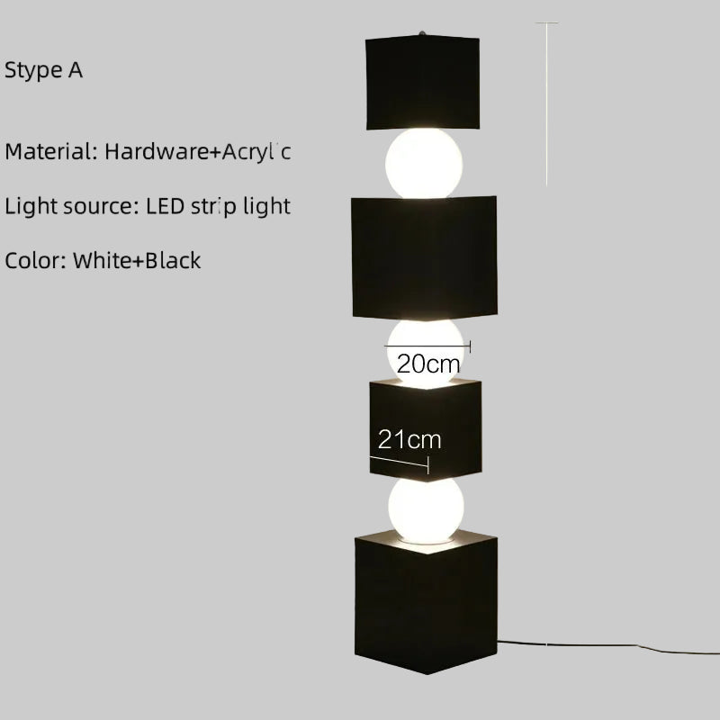 Black and white floor lamp with dimensions and material details on a neutral background