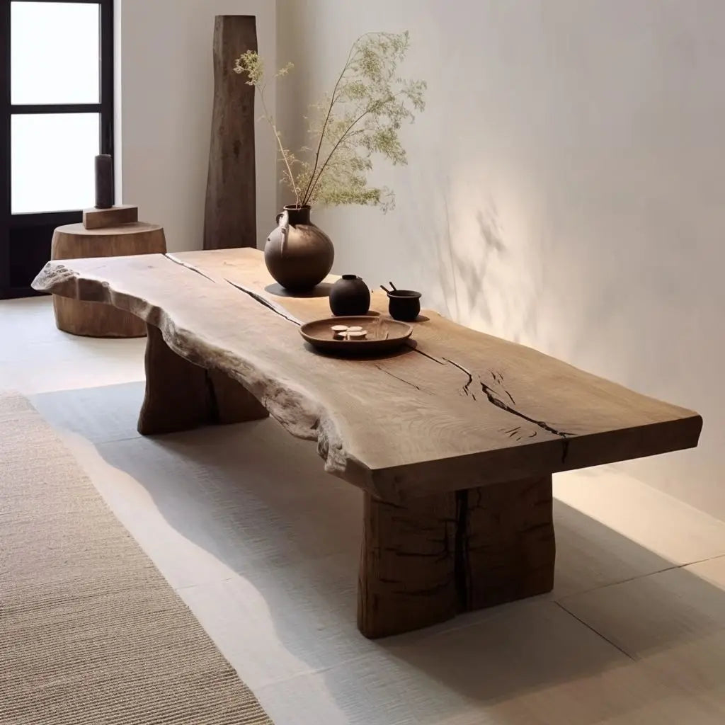 Wooden dining table with natural finish in a minimalistic room
