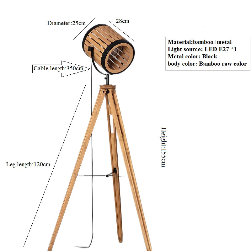 Wooden floor lamp with measurements on a white background