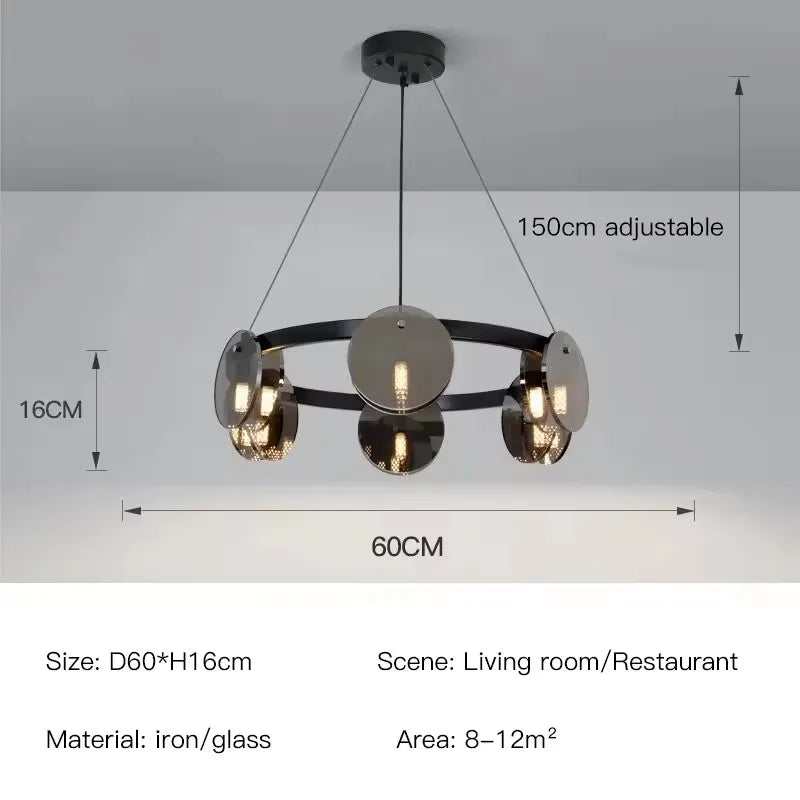 Chandelier with dimensions and features on a gray background