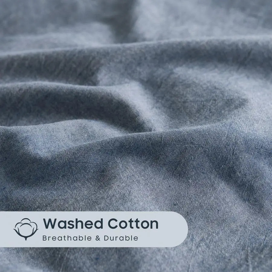 OceanWeave Breathable Percale Cotton Duvet Cover Set – Chambray Denim Blue, Queen Size by PurelyhomeDeco