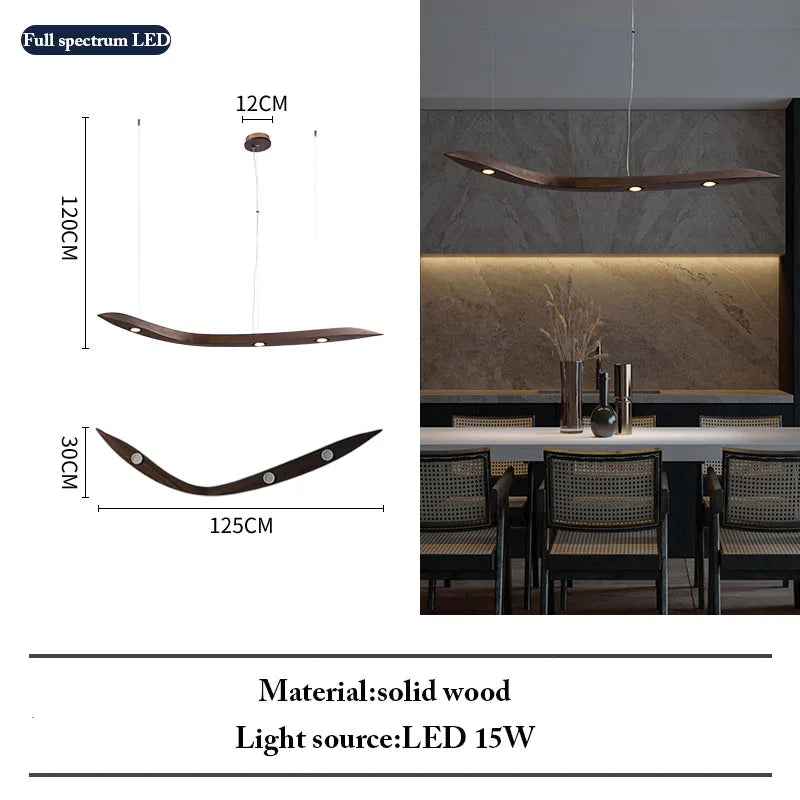 Dining room with a modern pendant light, dimensions, and material details.