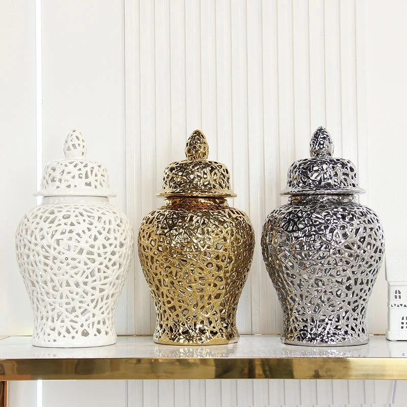 Échelon Gold – Ceramic Hollow Ginger Jar | Luxury Porcelain Home Decoration by PurelyhomeDeco