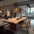 Modern dining room with wooden table and chairs, large windows, and cityscape view.