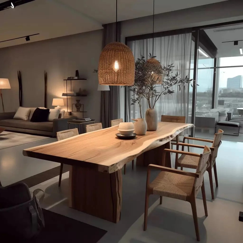 Modern dining room with wooden table and chairs, large windows, and cityscape view.