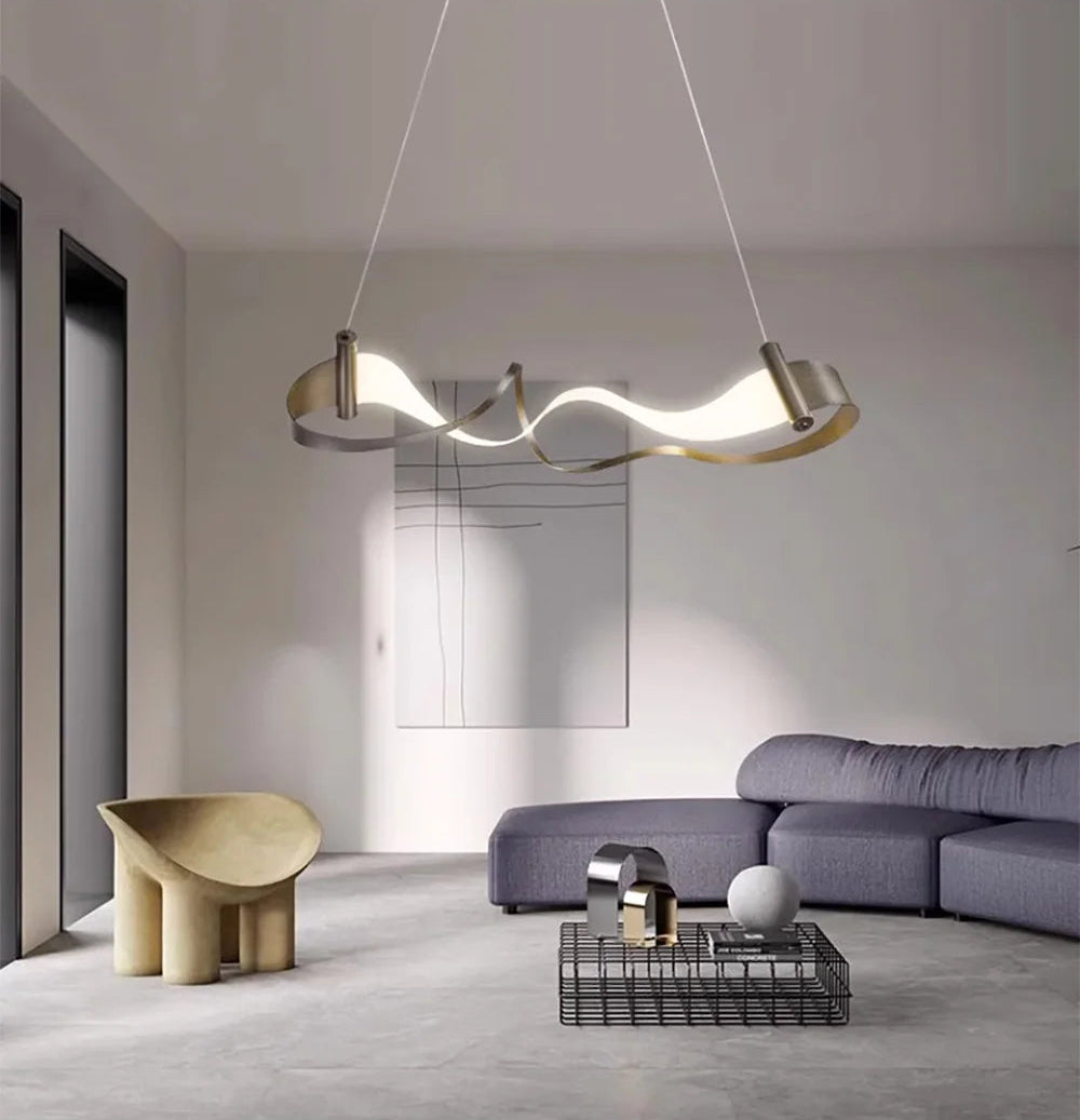 Luxury Italian LED chandelier hanging in a modern living room with elegant dimmable lighting, minimalist gold finish, and sophisticated contemporary home decor ambiance.