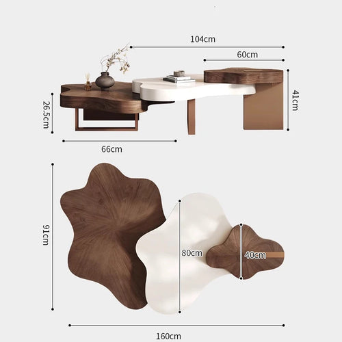 Dimensions of a modern coffee table with wooden and white finishes.
