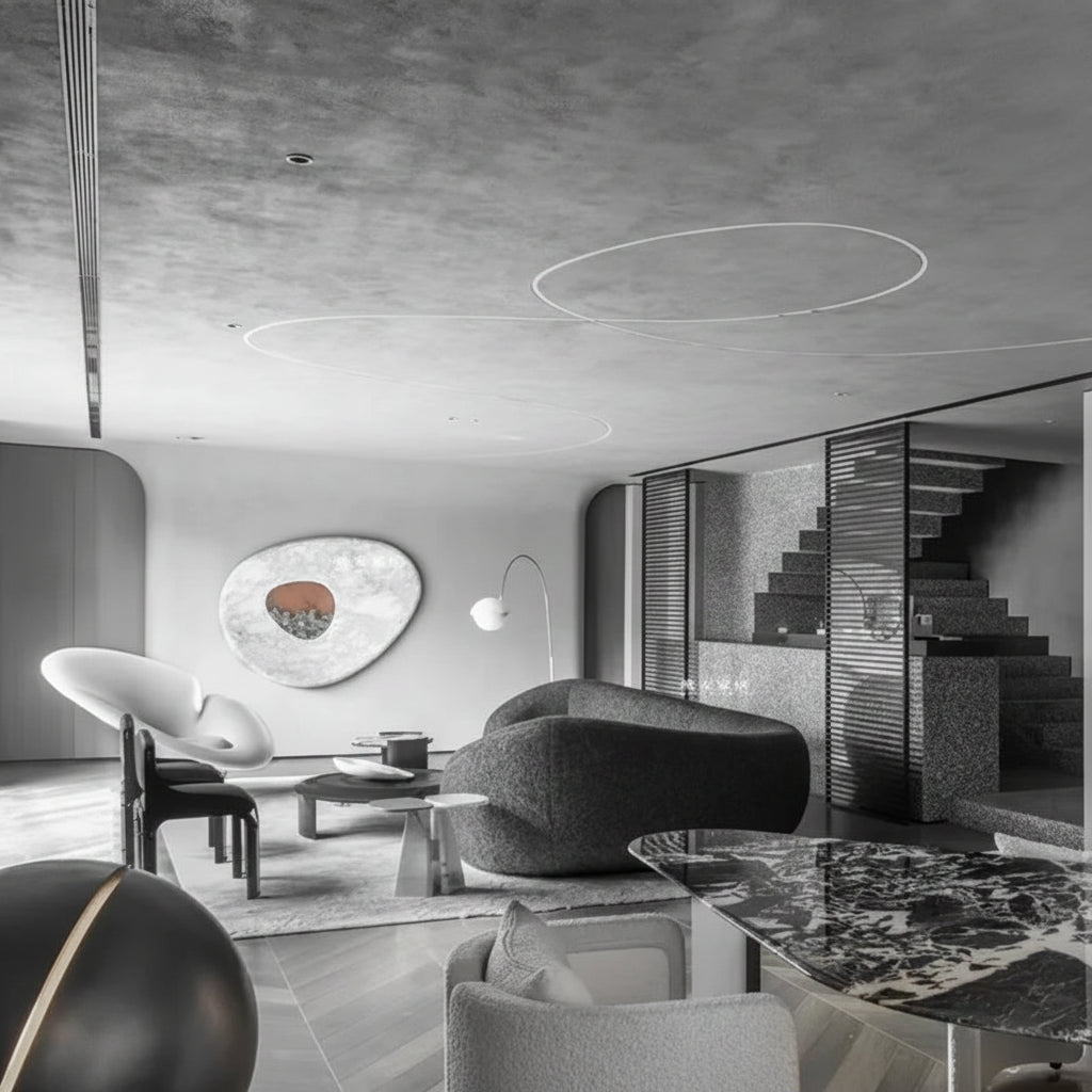 Modern interior design of a living room with gray walls, marble floor, and stylish furniture.