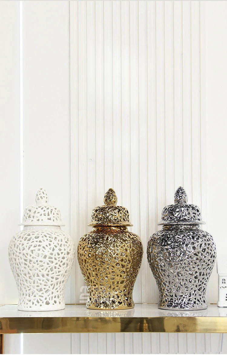 Échelon Gold – Ceramic Hollow Ginger Jar | Luxury Porcelain Home Decoration by PurelyhomeDeco