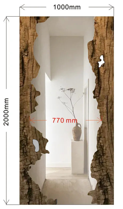 Wooden door design with measurements and details on a white background