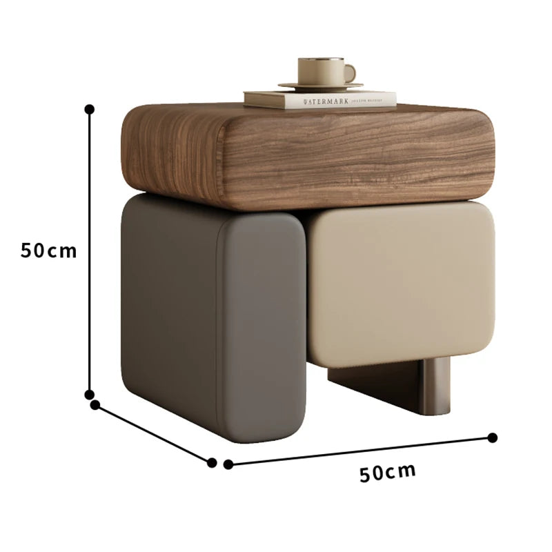 Wooden side table with dimensions labeled on a white background
