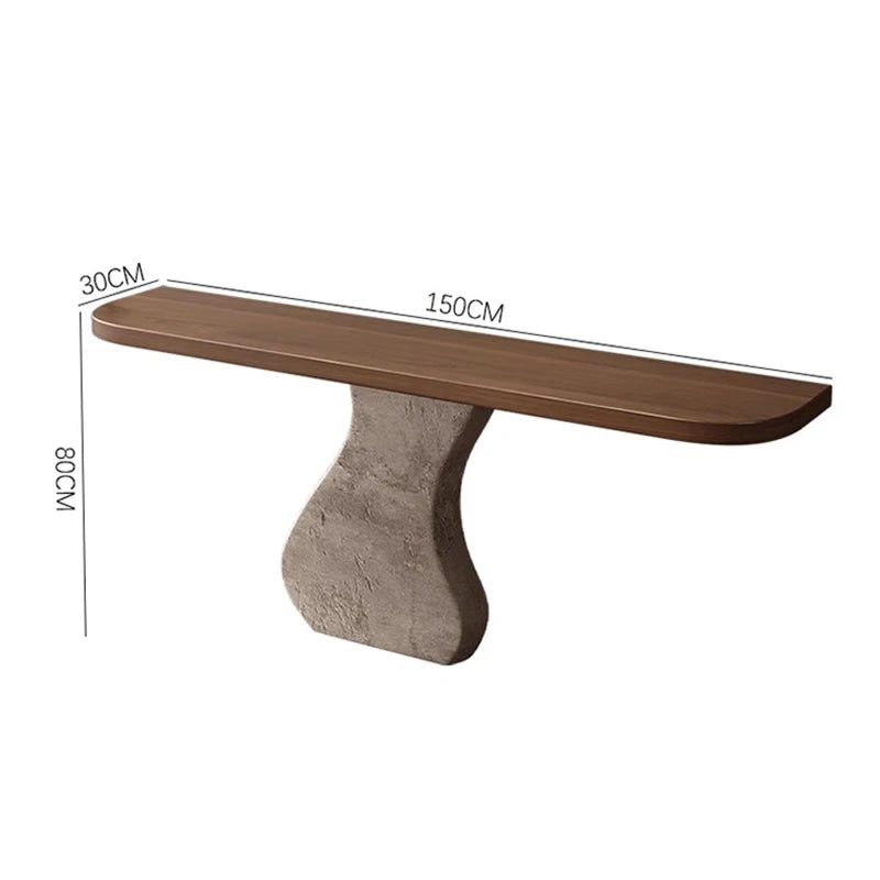Wooden shelf with concrete base and dimensions on a white background