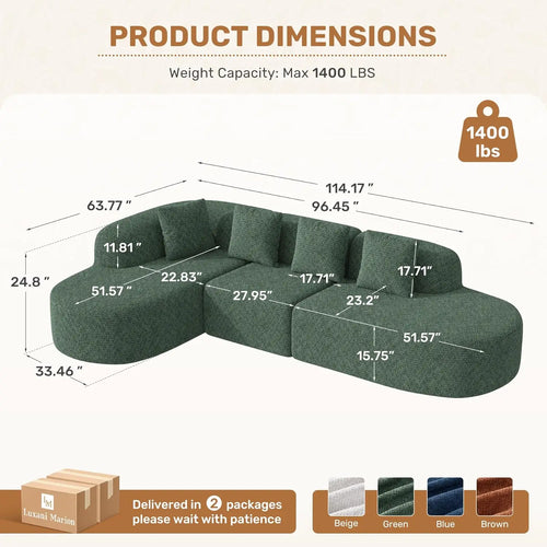 114 Inch Boneless Curved Couches for Living Room,Modern Modular Sectional Sofa with Chaise,L-Shape Cloud Sectional, Customized by PurelyhomeDeco