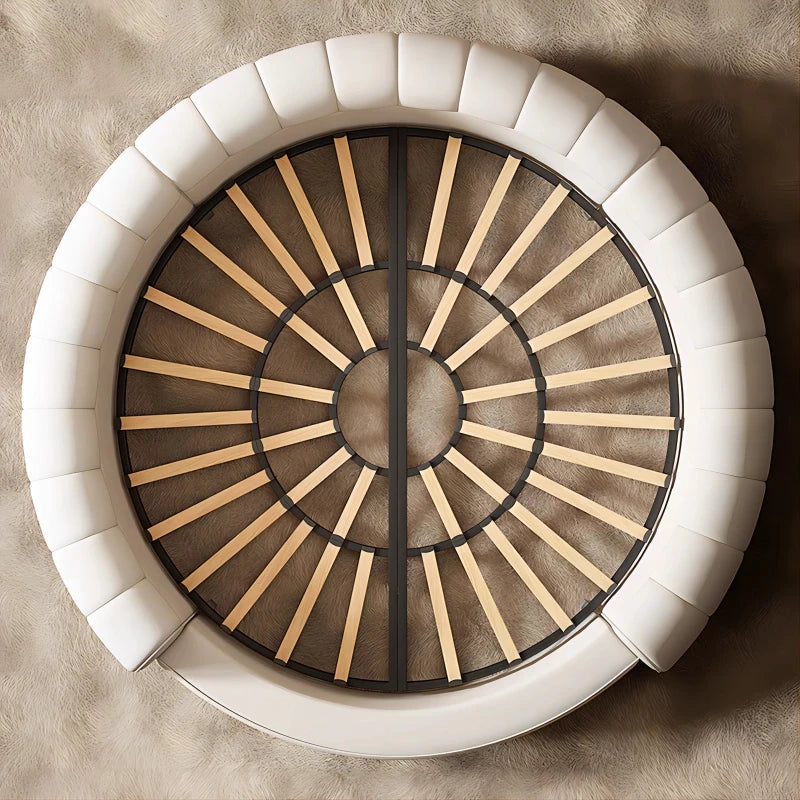 Decorative wall clock with white and wooden spokes on a beige background