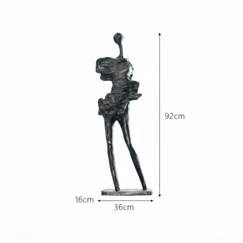 Black abstract sculpture with dimensions on a white background