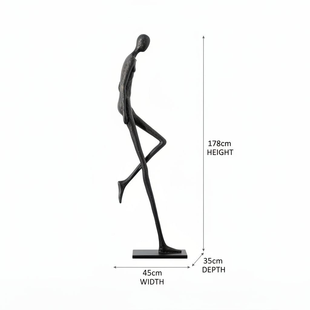 Black abstract sculpture with dimensions on a white background