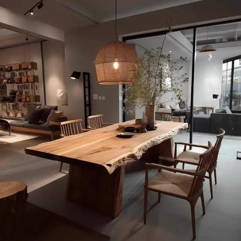 Modern interior with a wooden dining table and chairs in a well-lit room.