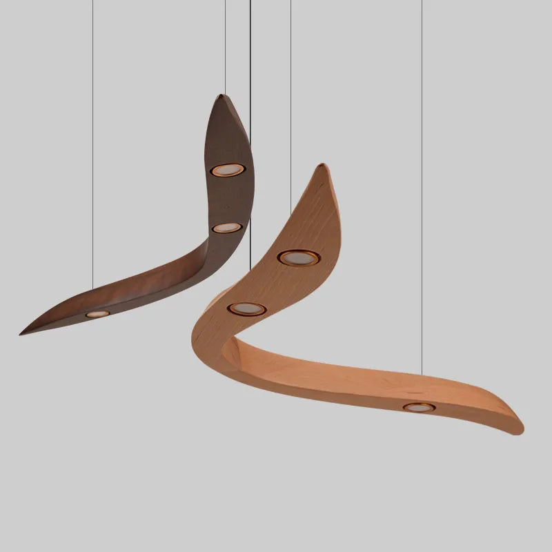 Two wooden pendant lights with a modern design on a gray background