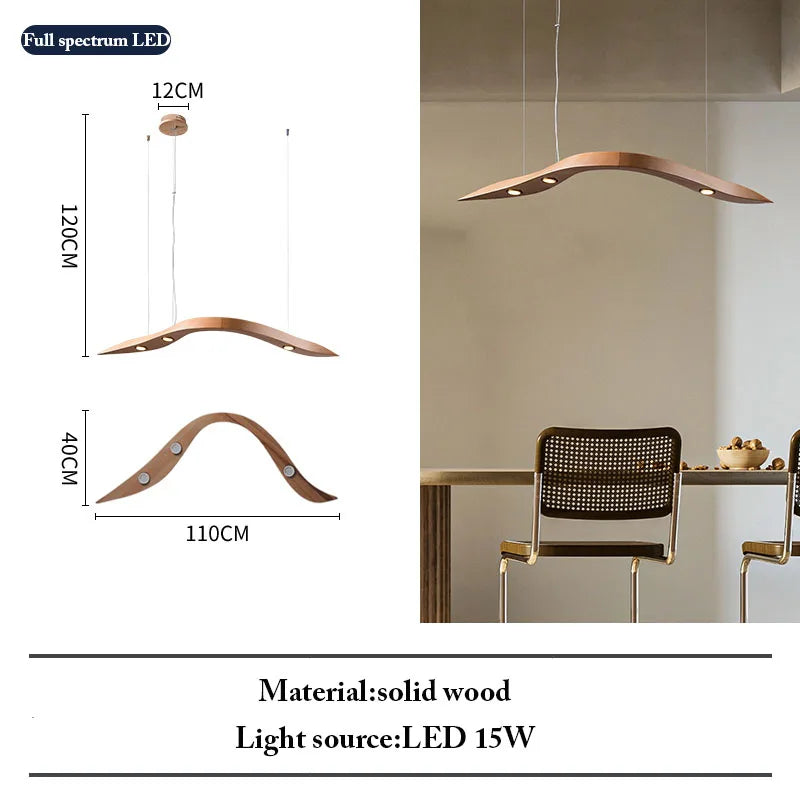 Modern pendant light with dimensions and material details on a neutral background