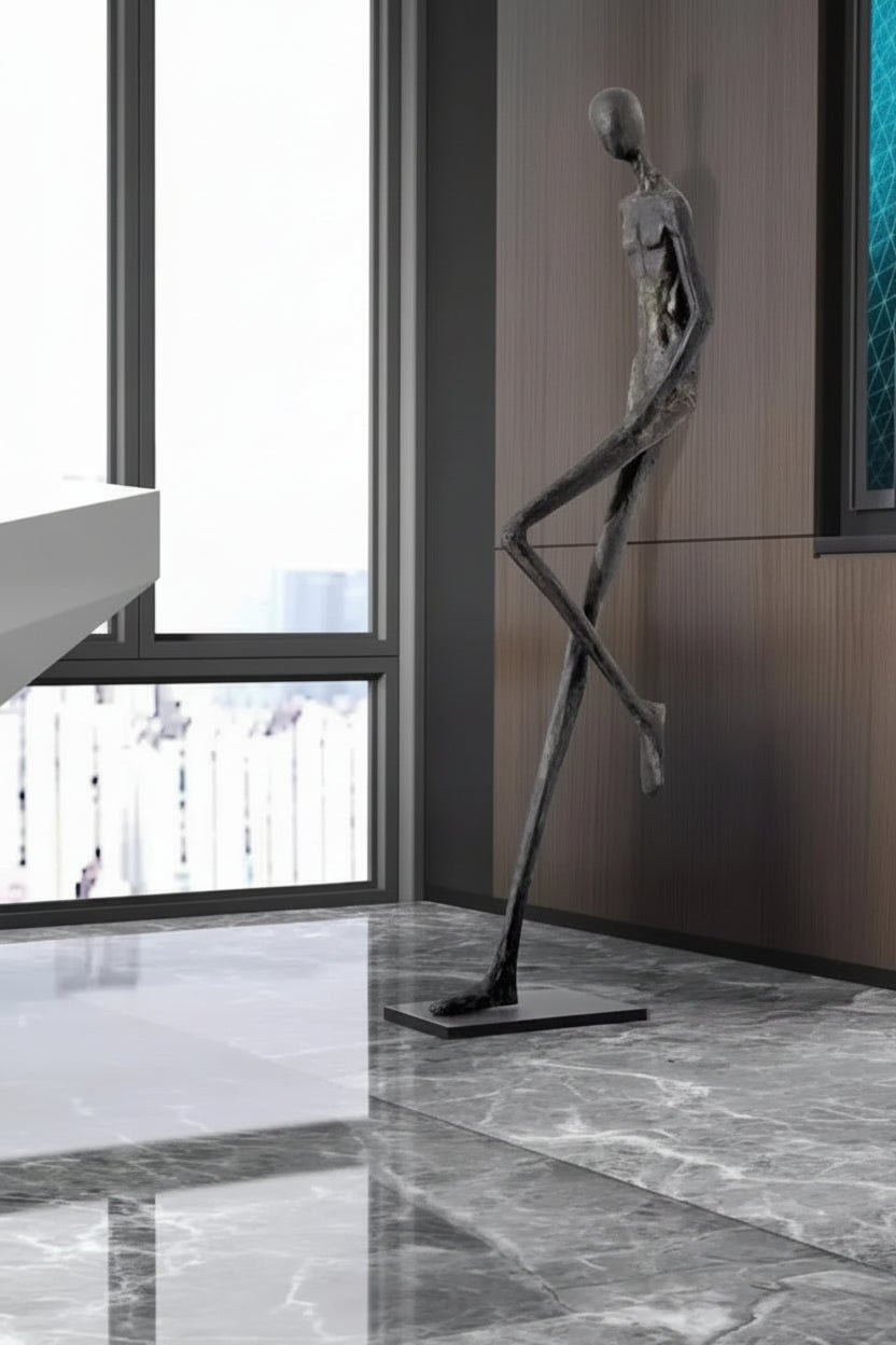 Modern interior with a marble floor, large window, and abstract sculpture.