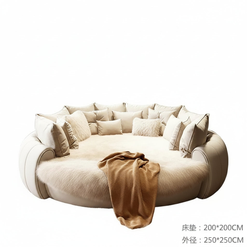 Round beige sofa with a blanket on a white background, featuring product details and brand information.