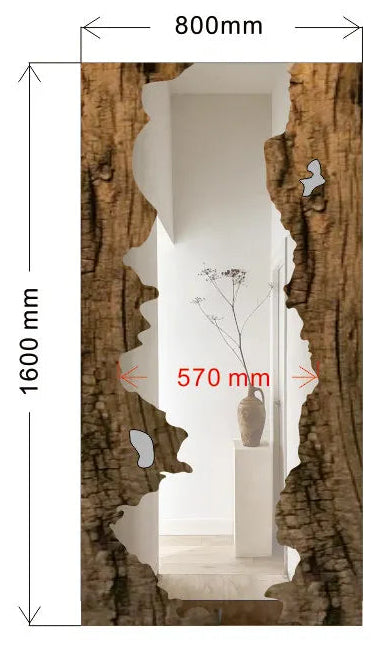Wooden mirror with dimensions and specifications on a white background