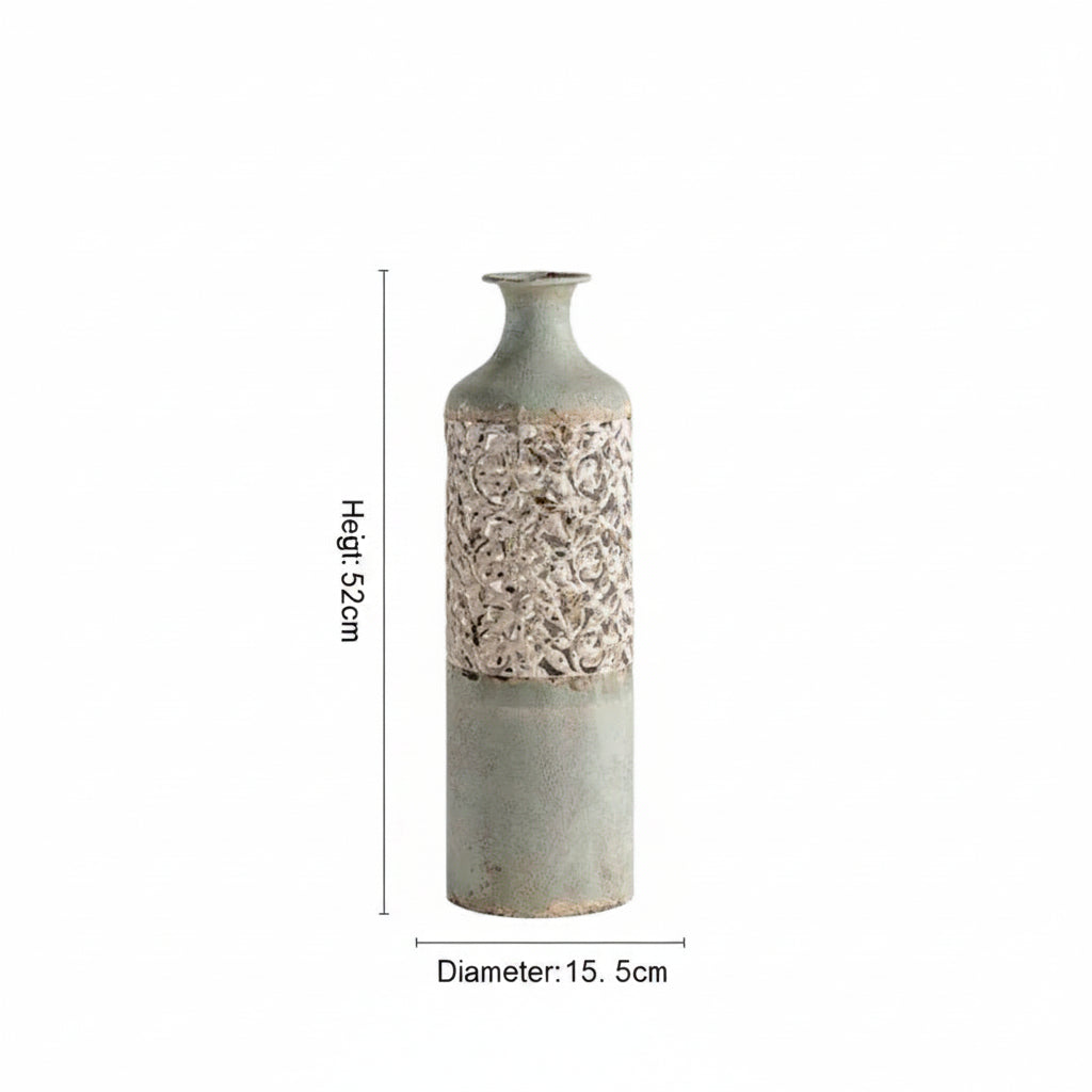 Decorative vase with textured design and measurements on a white background
