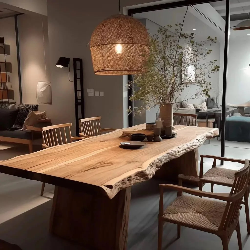 Dining area with a wooden table and chairs in a modern interior setting.