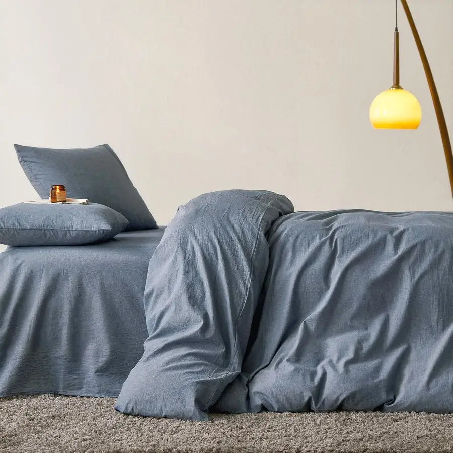 OceanWeave Breathable Percale Cotton Duvet Cover Set – Chambray Denim Blue, Queen Size by PurelyhomeDeco
