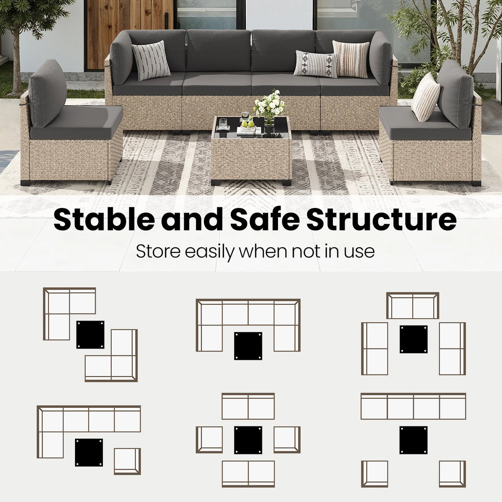 7-Piece Patio Furniture Set, Outdoor Rattan Sectional Sofa with Tempered Glass Table, All-Weather, for Garden, Porch, Backyard by PurelyhomeDeco