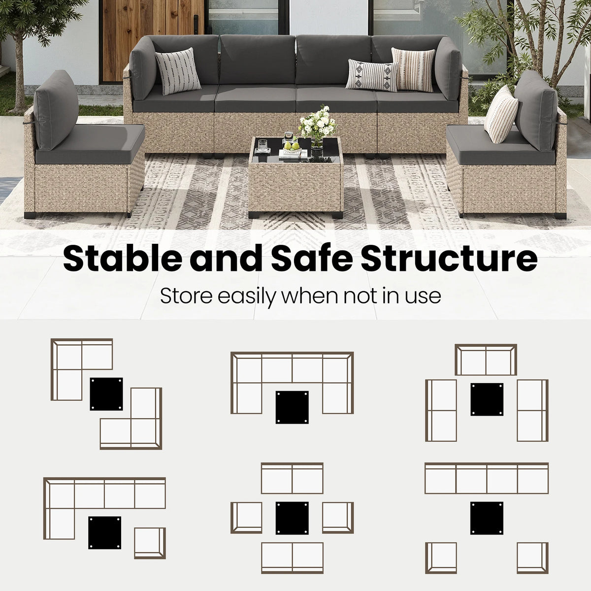7-Piece Patio Furniture Set, Outdoor Rattan Sectional Sofa with Tempered Glass Table, All-Weather, for Garden, Porch, Backyard by PurelyhomeDeco