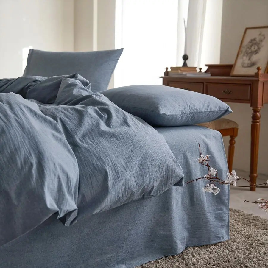 OceanWeave Breathable Percale Cotton Duvet Cover Set – Chambray Denim Blue, Queen Size by PurelyhomeDeco