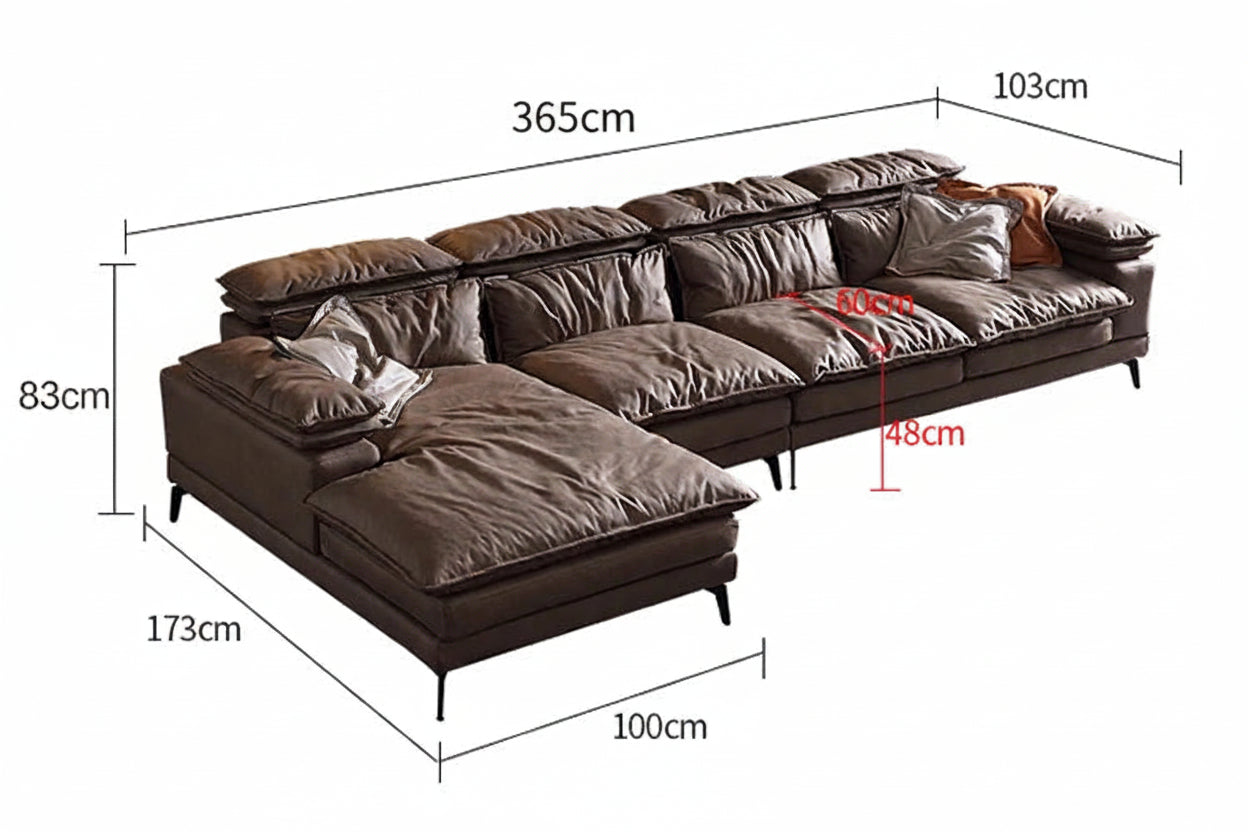 Brown sectional sofa with dimensions labeled on a white background