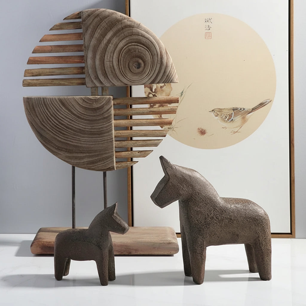 Two brown ceramic horse sculptures on a white surface with a wooden sculpture and framed artwork in the background.