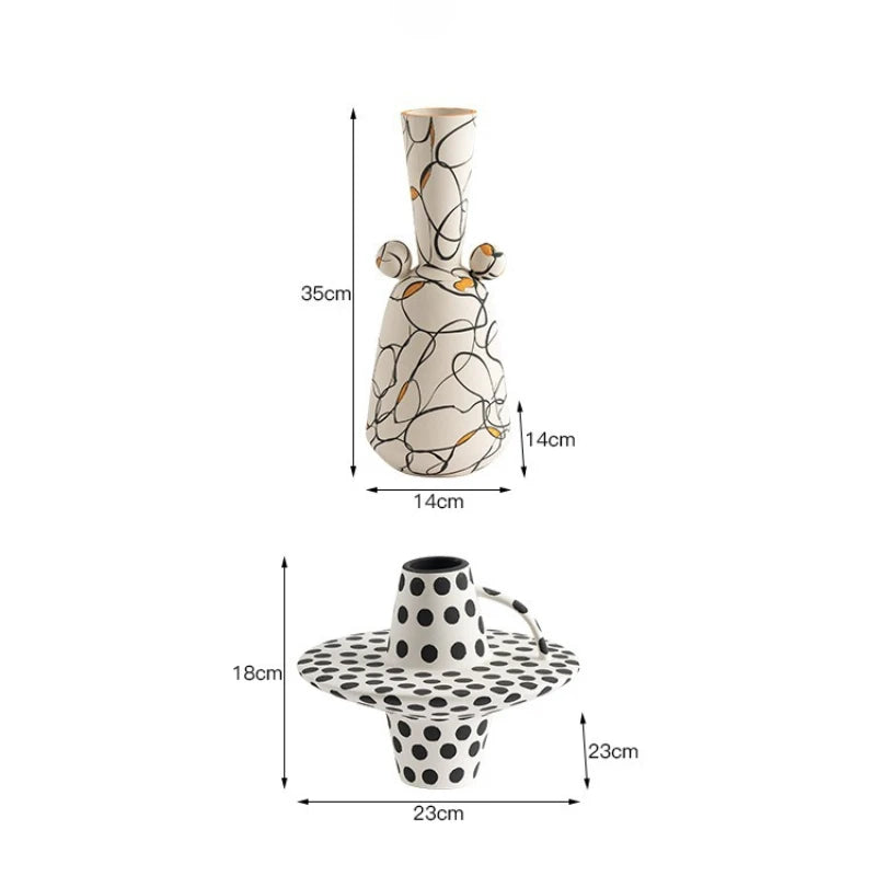 Ceramic vase with decorative design and measurements on a white background