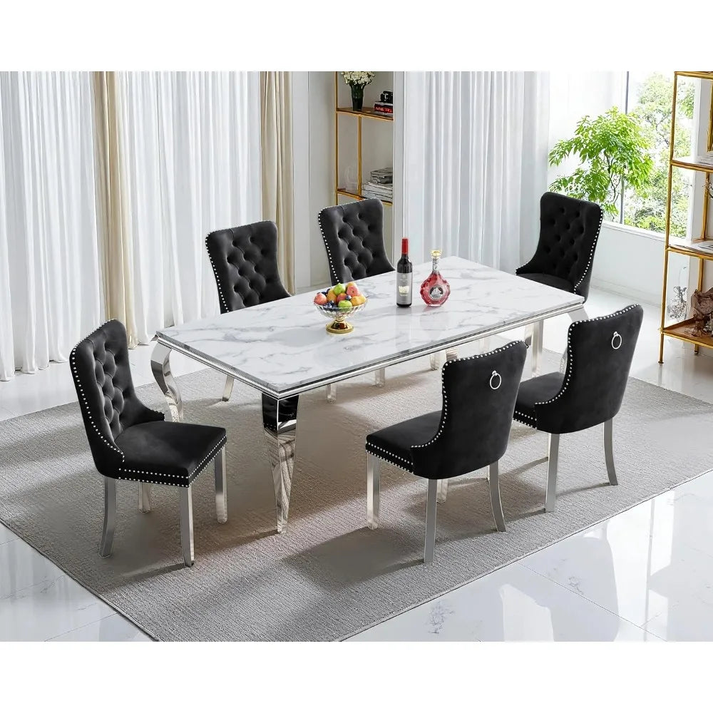MARIXA 70" Faux Marble Dining Table – White & Silver Modern Design by PurelyhomeDeco