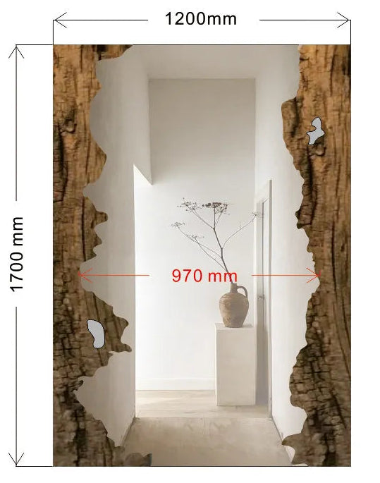 Wooden frame with measurements and details on a white background