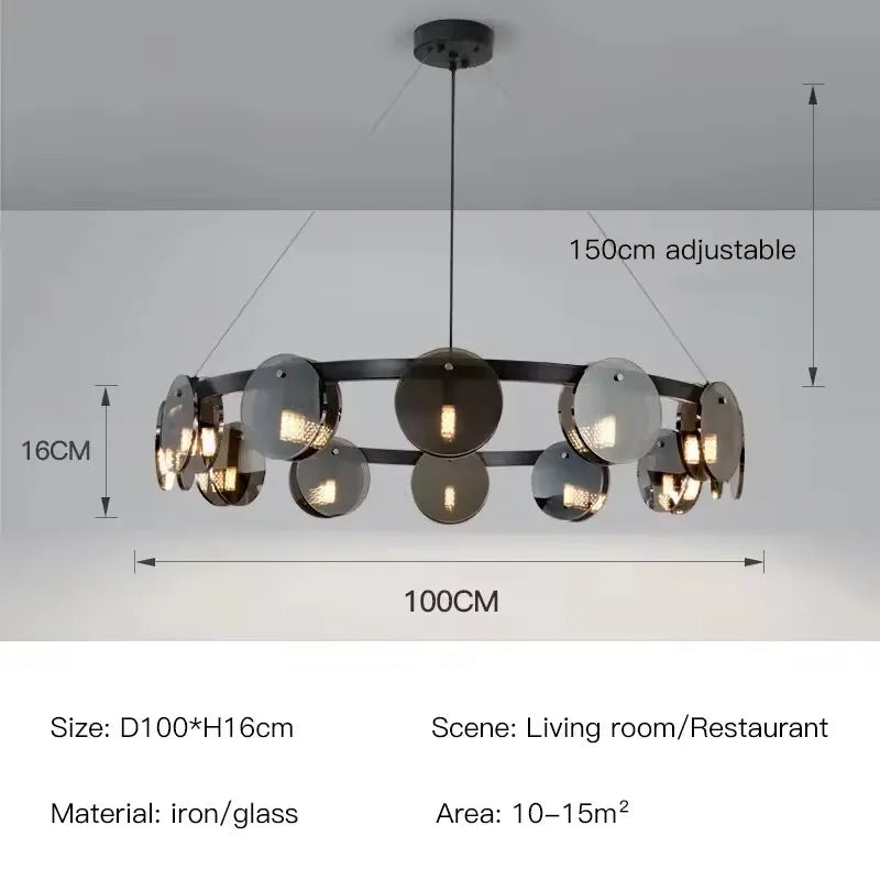 Chandelier with dimensions and features displayed on a gray background