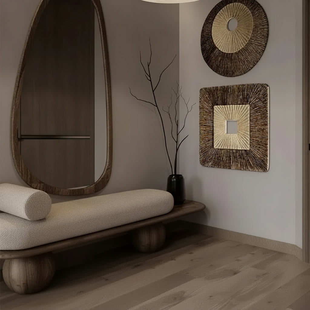 Decorative mirrors and a bench in a room with neutral tones.