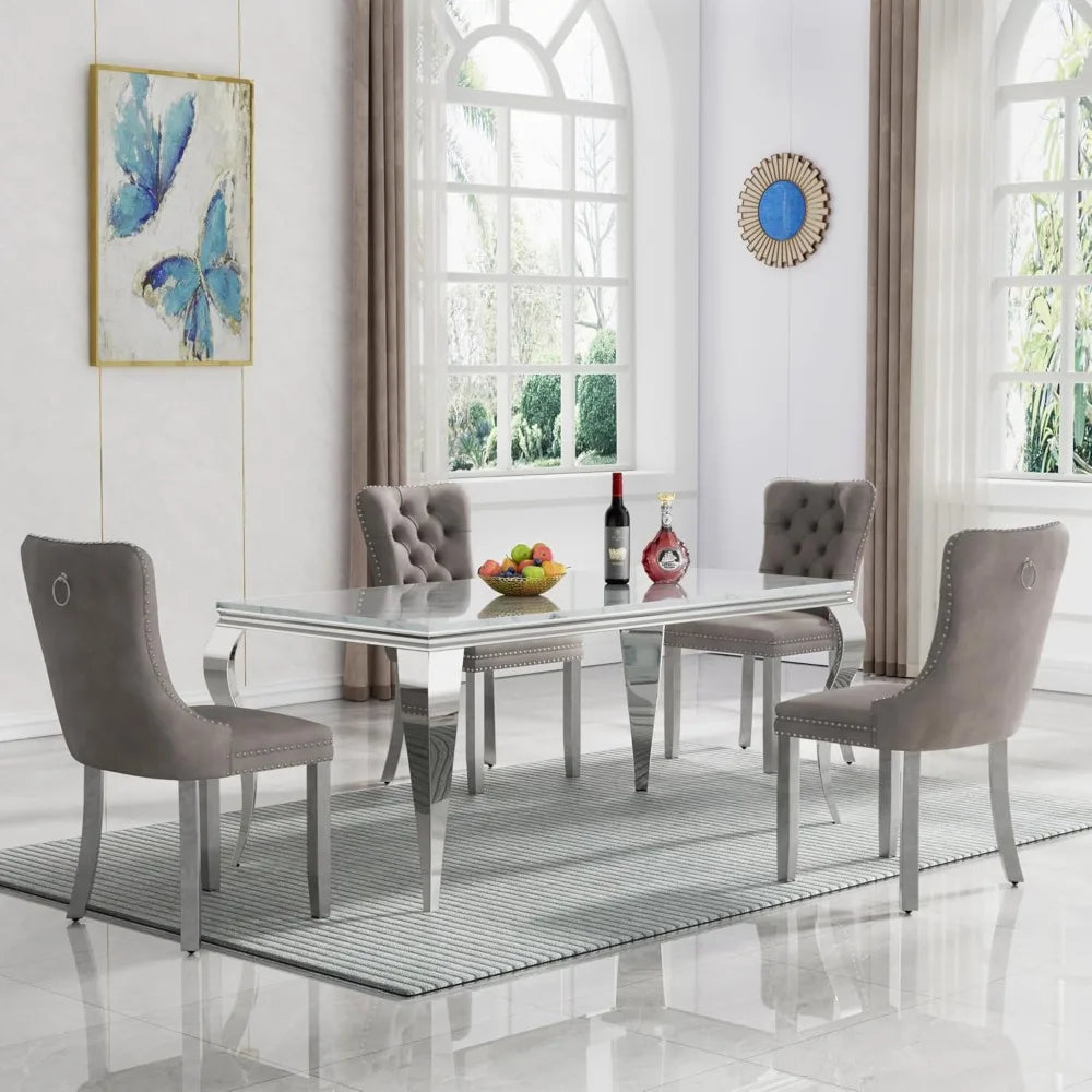 MARIXA 70" Faux Marble Dining Table – White & Silver Modern Design by PurelyhomeDeco