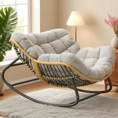 Papasan Rocking Chair with Comfy Thick Cushion, Oversized Outdoor Rocking Chair with Steel Frame, Wicker Rattan Lounge by PurelyhomeDeco