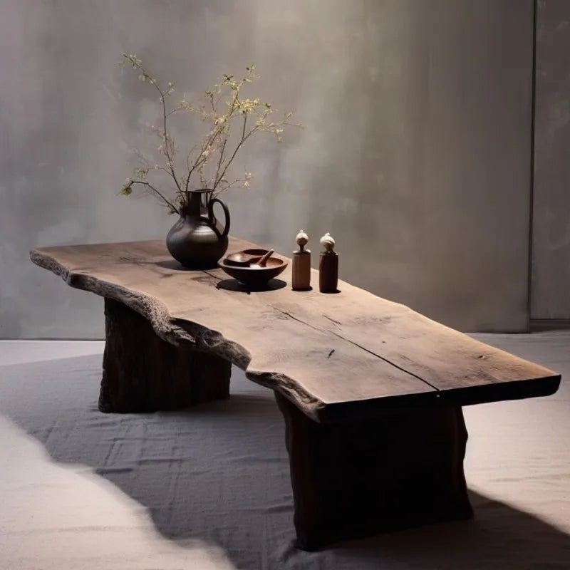 Rustic wooden table with decorative items against a plain wall.