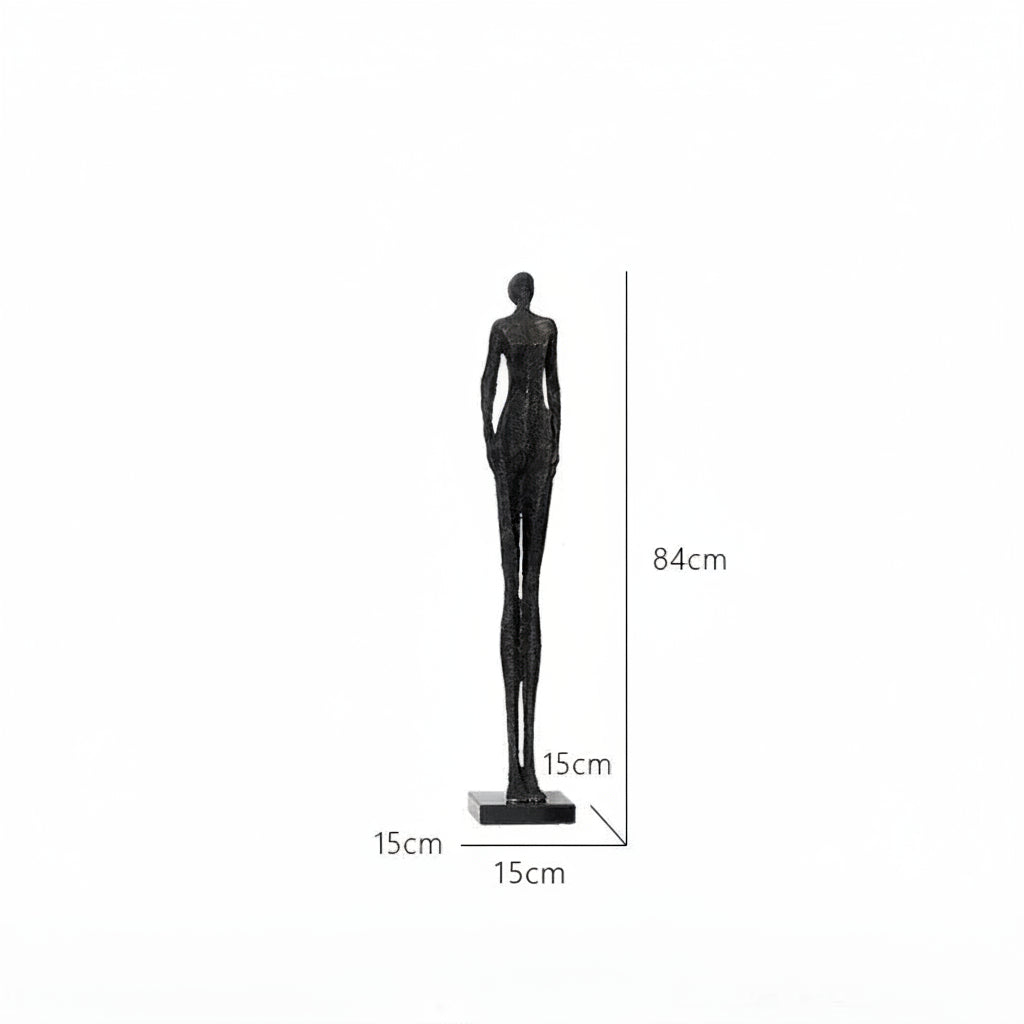 Black abstract sculpture with dimensions on a white background
