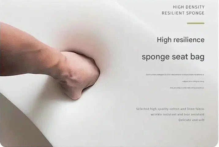 Hand pressing a high-density resilient sponge seat bag with text and icons about the product's features.