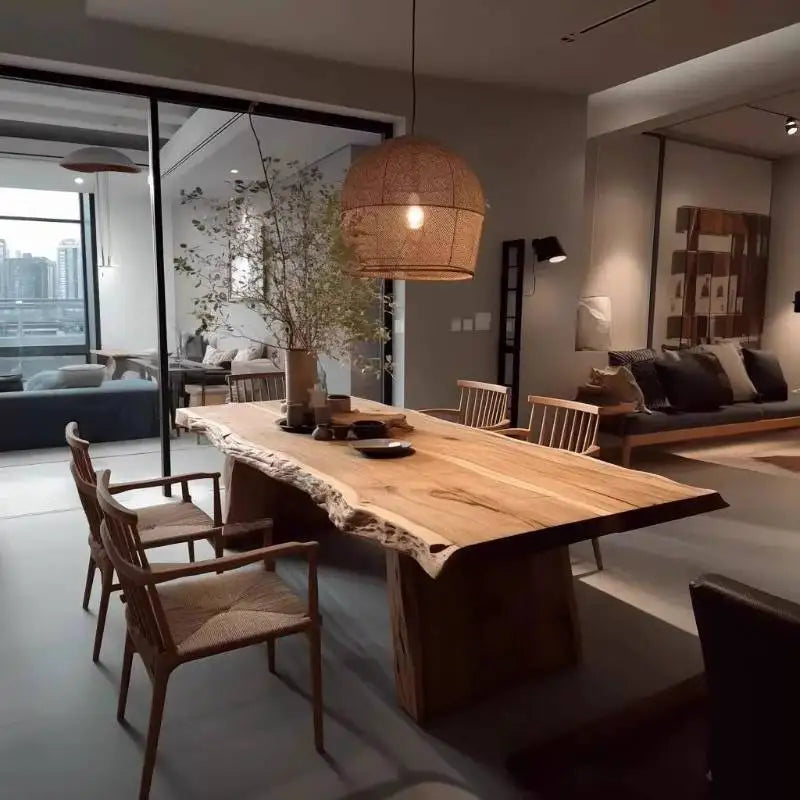 Modern dining room with wooden table and chairs in a stylish interior setting.