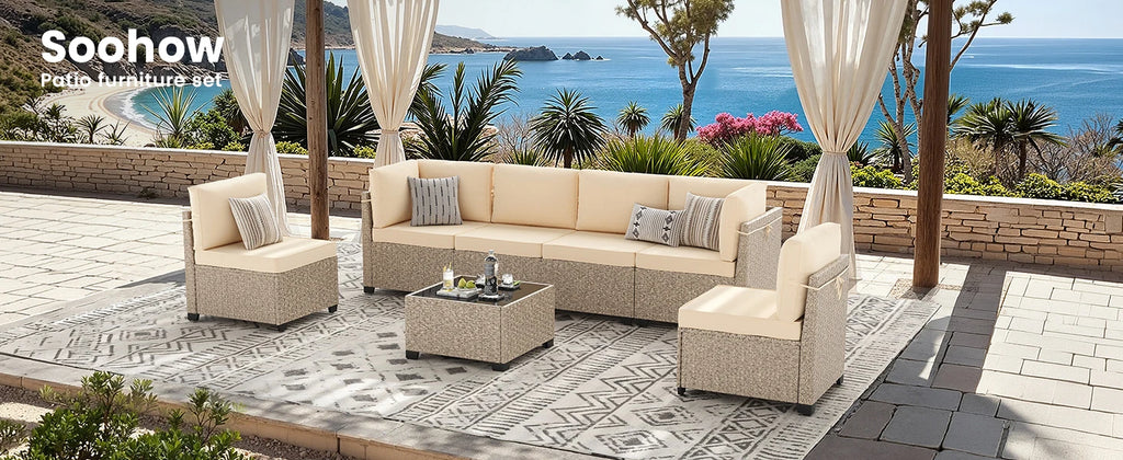 7-Piece Patio Furniture Set, Outdoor Rattan Sectional Sofa with Tempered Glass Table, All-Weather, for Garden, Porch, Backyard by PurelyhomeDeco