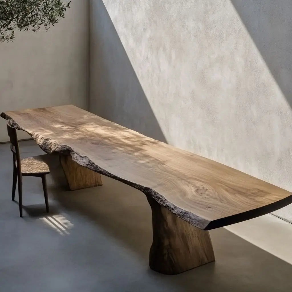 Wooden dining table with natural edge design in a minimalistic room.